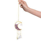 Crystal Chandelier Glass Teardrop Pendant Decorations, Hanging Sun Catchers, with Natural Amethyst Chips Beads and Brass Moon Charm, for Home Decoration, Golden, 395mm