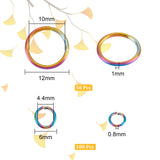 150Pcs 2 Styles Ion Plating(IP) 304 Stainless Steel Jump Rings Sets, Round Ring, Open Jump Rings, Rainbow Color, 18~20 Gauge, 6~12x0.8~1mm, Inner Diameter: 4.4~10mm, 50pcs