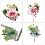 2Pcs 2 Style Cloth Flower Boutonniere Brooch, with Silk Cloth Imitation Rose Wrist Corsages, for Wedding Party, Pearl Pink, 102~764x10~85mm, 1pc/style