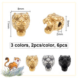 6Pcs 3 Colors 304 Stainless Steel Beads, Tiger, Mixed Color, 11x8x9mm, Hole: 2mm, 2pcs/color