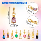 18Pcs 9 Colors  Brass Pave Cubic Zirconia Charms, with Jump Ring, Long-Lasting Plated, Real 18K Gold Plated, Faceted Teardrop, Mixed Color, 8x3x3mm, Hole: 3mm, 2pcs/color