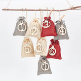 24Pcs 3 Colors Rectangle Christmas Linen Gift Bags with Number 1~24 Pendant Ornaments, with Wooden Clips, Festive Decorations, Mixed Color, Bag: 14x8.9x0.4cm, 8pcs/color