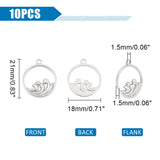 10Pcs 304 Stainless Steel Pendants, Flat Round with Sea Wave, Stainless Steel Color, 21x18x1.5mm, Hole: 1.5mm