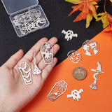 16Pcs 8 Style Halloween 201 Stainless Steel Pendants, Laser Cut, Coffin & Witch Broom & Ghost & Pumpkin Jack-O'-Lantern, Stainless Steel Color, 23~57x16~33x1mm, Hole: 1~1.5mm, 2pcs/style