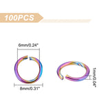 100Pcs Ion Plating(IP) Rainbow Color 304 Stainless Steel Open Jump Rings, Round Ring, 8x1mm, 18 Gauge, Inner Diameter: 6mm