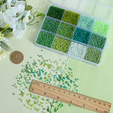 9600Pcs 12 Style Glass Seed Beads, Frosted Colors & Transparent & Solid Colour, Round, Green, 1.5~3mm, 800Pcs/style