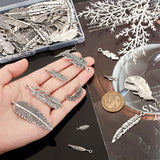 72PCS Tibetan Style Alloy Pendants, Feather, Cadmium Free & Lead Free, Antique Silver, 15~56x5~23x1~5mm, Hole: 1~3.5mm