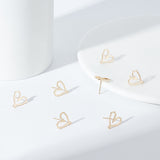 6 Pairs Brass Stud Earring Finding, Hollow Out Heart Stud Earring Post, with Horizontal Loops & Sterling Silver Pins, Golden, 13x12.5mm, Hole: 1mm, Pin: 0.7mm