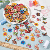 5 Style 2-Hole Printed Wooden Buttons Sets, for Sewing Crafting, Star/Heart/Rabbit/Butterfly/Flower, Mixed Color, 18~30x24~30x2~2.5mm, hole: 1.6~2.4mm