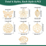 36Pcs 6 Style Rack Plating 201 Stainless Steel Filigree Pendants, Etched Metal Embellishments, Nickel Free, Mixed Shapes, Real 18K Gold Plated, 20.5x18x0.4mm, Hole: 1.2mm, 6pcs/style
