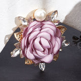 Cloth Rose with Crystal Rhinestone Brooch Pin, Light Gold Alloy Fashion Badge with Imitation Pearl for Clothes Shawl, Purple, 53x51.5x17.5mm