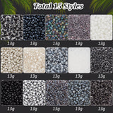 195G 15 Styles Glass Seed Beads, Trans. Colours Lustered & Transparent Colours Rainbow & Metallic & Silver Lined & Ceylon & Baking Paint, Round, Black, 3~4mm, Hole: 0.8~1mm, 13g/style