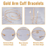 4Pcs 4 Styles Iron Three Loops Wire Wrap Bracelet Set, Moon & Star & Sun Cuff Bracelet for Women, Golden, Inner Diameter: 3-1/8~3-1/2 inch(8~9.05cm), 1Pc/style