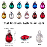 Alloy Glass Charms, Faceted, Teardrop, Platinum, Mixed Color, 14.5x9x5mm, Hole: 1.5mm, 12 colors, 4pcs/color, 48pcs/box