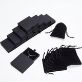 12Pcs Rectangle Velvet Jewelry Drawstring Pouches, with 12Pcs Paper Drawer Boxes, Black, Bag: 10x8x0.4cm