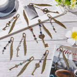 10Pcs 10 Style Tibetan Style Alloy Gemstone Bookmark, Feather with Key, Antique Bronze, 182~245mm, 1pc/style