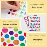 30 Sheets 3 Styles Holographic PVC Waterproof Self Adhesive Laser Stickers, Rainbow Color Round & Star & Heart Decals for Art Craft, DIY Scrapbooking, Colorful, 101~151x100~151x0.1mm, 10 sheets/style