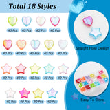 720Pcs 18 Style Eco-Friendly Transparent Acrylic Beads, Heart & Star, Dyed, AB Color, Mixed Color, 8~10x8~10x3~4mm, Hole: 1.4~1.5mm, about 40pcs/style