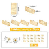 20Pcs 5 Style Ion Plating(IP) 304 Stainless Steel Stud Earring Finding, with Vertical Loops & 20Pcs Ear Nuts, Textured Rectangle, Golden, 20x8mm, Hole: 2.5mm, Pin: 0.8mm, 4Pcs/style