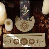 2Pcs 2 Style Natural Wood Card Stand for Tarot, Display Stand for Witch Divination Tools, Moon-shaped & Rectangle with Pattern, BurlyWood, 1pc/style
