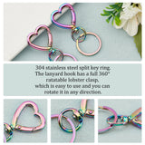 10Pcs Heart Alloy Swivel Clasps, with 10Pcs Ion Plating(IP) 304 Stainless Steel Split Key Rings, Rainbow Color, Clasps: 41.5x26.5x6mm, Hole: 11x10mm; Key Rings: 25x2mm