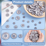 3 Style Natural Shell Buttons, 4-Hole, for Garment Accessories, Flat Round, Gray, 10~20x2~2.3mm, Hole: 1~1.8mm, 100pcs/box