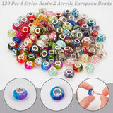 120Pcs 4 Style Resin & Acrylic European Beads, Large Hole Beads, with Silver Color Plated Brass Double Cores, Rondelle, Mixed Color, 13.5~14x8.5~10mm, 30pcs/style