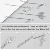 4Pcs 4 Style Zinc Alloy Shoe Curb Chains, with Pendant and Lobster Claw Clasps, for Shoe Decoration Accessories, Butterfly & Cross & Star & Skull, Platinum, 164~176x3.5mm, 1pc/style