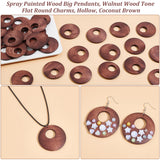 PandaHall Elit 30Pcs Spray Painted Wood Big Pendants, Walnut Wood Tone Flat Round Charms, Hollow, Coconut Brown, 50x5mm, Hole: 1.6mm