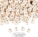 Wood Beads, Horizontal Hole, Square with Letter, Antique White, 8x8x8mm, Hole: 3mm, about 1000pcs/250g