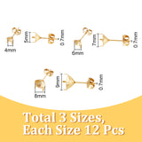 36Pcs 3 Size 304 Stainless Steel Stud Earring Finding, 4 Claw Prong Earring Settings, Real 18K Gold Plated, 5~9mm, Inner Diameter: 4~8mm, Pin: 0.7mm, 12Pcs/size