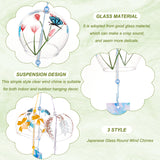 3Pcs 3 Style Japanese Glass Round Wind Chimes, Paper Blessing Hanging Pendant, for Garden Patio Balcony Decoration, Mixed Color, 390~395mm, 1pc/style