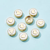 Brass Enamel Beads, Long-Lasting Plated, Flat Round with Heart, White, Real 18K Gold Plated, 11x5mm, Hole: 1.8mm, 10pcs/box