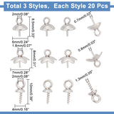 60Pcs 3 Style 304 Stainless Steel Cup Pearl Peg Bails Pin Pendants, For Half Drilled Beads, Stainless Steel Color, 8~10x4~7mm, Hole: 1.8~2mm, Pin: 0.7~1.34mm, 20pcs/style