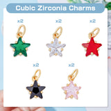 10Pcs 5 Colors Rack Plating Brass Micro Pave Cubic Zirconia Charms, with Jump Rings, Long-Lasting Plated, Cadmium Free & Lead Free, Star, Real 18K Gold Plated, Mixed Color, 10.5x8.5x6mm, jump rings: 5x0.9mm, Hole: 3.2mm, 2pcs/color