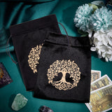 2Pcs Velvet Packing Pouches, Drawstring Bags, Rectangle, Black, Tree of Life Pattern, 18.2x12.8~13.5x0.2cm, 2pcs