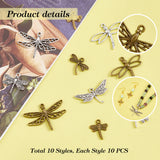 100PCS 10Style Tibetan Style Dragonfly Alloy Pendants, Mixed Color, 16~27x15~35x2~3mm, Hole: 1.5~2mm