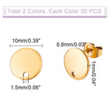 60 Pcs 2 Colors Vacuum Plating 304 Stainless Steel Stud Earring Findings, with Loop and Flat Plate, Ear Nuts/Earring Backs, Flat Round, Golden & Stainless Steel Color, 10x1mm, Hole: 1.5mm, Pin: 0.8mm, 30pcs/color