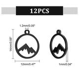 201 Stainless Steel Charms, Flat Round with Mountain, Electrophoresis Black, 14x12x1mm, Hole: 1.2mm, 12pcs/box