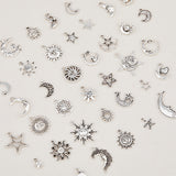 2 Sets Tibetan Style Alloy Pendants, Sun & Moon & Star Charms, Antique Silver, 11~32x8~24x1.5~4mm, Hole: 1.8mm, 35pcs/set