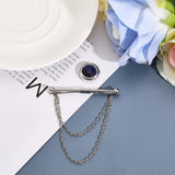 1Pc Brass Hanging Chains Collar Pins Tie Clips, with 1Pc Cat Eye Cufflink Button Covers, Platinum, 18~70x17.5~59.5x8mm