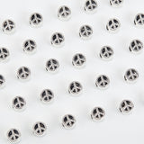 80Pcs Zinc Alloy European Beads, Large Hole Beads, Flat Round with Peace Sign, Antique Silver, 10.5x6.5mm, Hole: 4.5mm