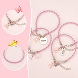 24Pcs 4 Style Alloy Enamel & Acrylic Heart Charm Bracelets Set with PU Leather Cords, October Breast Cancer Pink Awareness Ribbon & Word Hope, Pink, 7-1/2 inch(19cm), 6Pcs/style