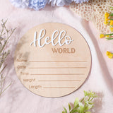 Wooden Baby Photo Props, Birth Announcement Sign, Wooden Growth Milestone Signs, Flat Round with Word Hello World, Pale Goldenrod, 148x4.5mm
