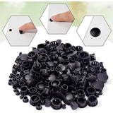 380Pcs 7 Style Plastic Hole Plugs, Snap in Flush Type Hole Plugs, Post Pipe Insert End Caps, for Furniture Fencing, Column, Black, 6.5~23x7.5~10mm, Hole: 3.4~16mm