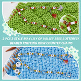 2Pcs 2 Style May Lily of Valley Bees Butterfly Beaded Knitting Row Counter Chains, Iron Linking Ring Locking Stitch Marker, with Alloy Charms & 304 Stainless Steel Leverback Hoop, Platinum, 28.1~29.8cm, 1pc/style