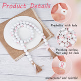 Printed Breast Cancer Awareness Pink Ribbon Pattern Wood Beads for Valentine's Day, Round, Dyed, White, 16mm, Hole: 3mm
