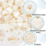 80Pcs 10 Styles Natural Freshwater Shell Pendants, Teardrop & Heart & Rhombus Charms, Mixed Shapes, with Jump Rings, Golden, 9.5~17x6.5~15x2~5mm, Hole: 2.5mm, 8pcs/style