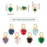 14Pcs 7 Colors Brass Micro Pave Cubic Zirconia Charms, Long-Lasting Plated, Real 18K Gold Plated, Heart, Mixed Color, 8x5x3.5mm, Hole: 3mm, 2pcs/color