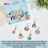 12Pcs 6 Colors Alloy Enamel Cat Charm Locking Stitch Markers, with 304 Stainless Steel Leverback Earring Findings & Jump Rings, Mixed Color, 40~45mm, Pin: 0.8mm, 2Pcs/style